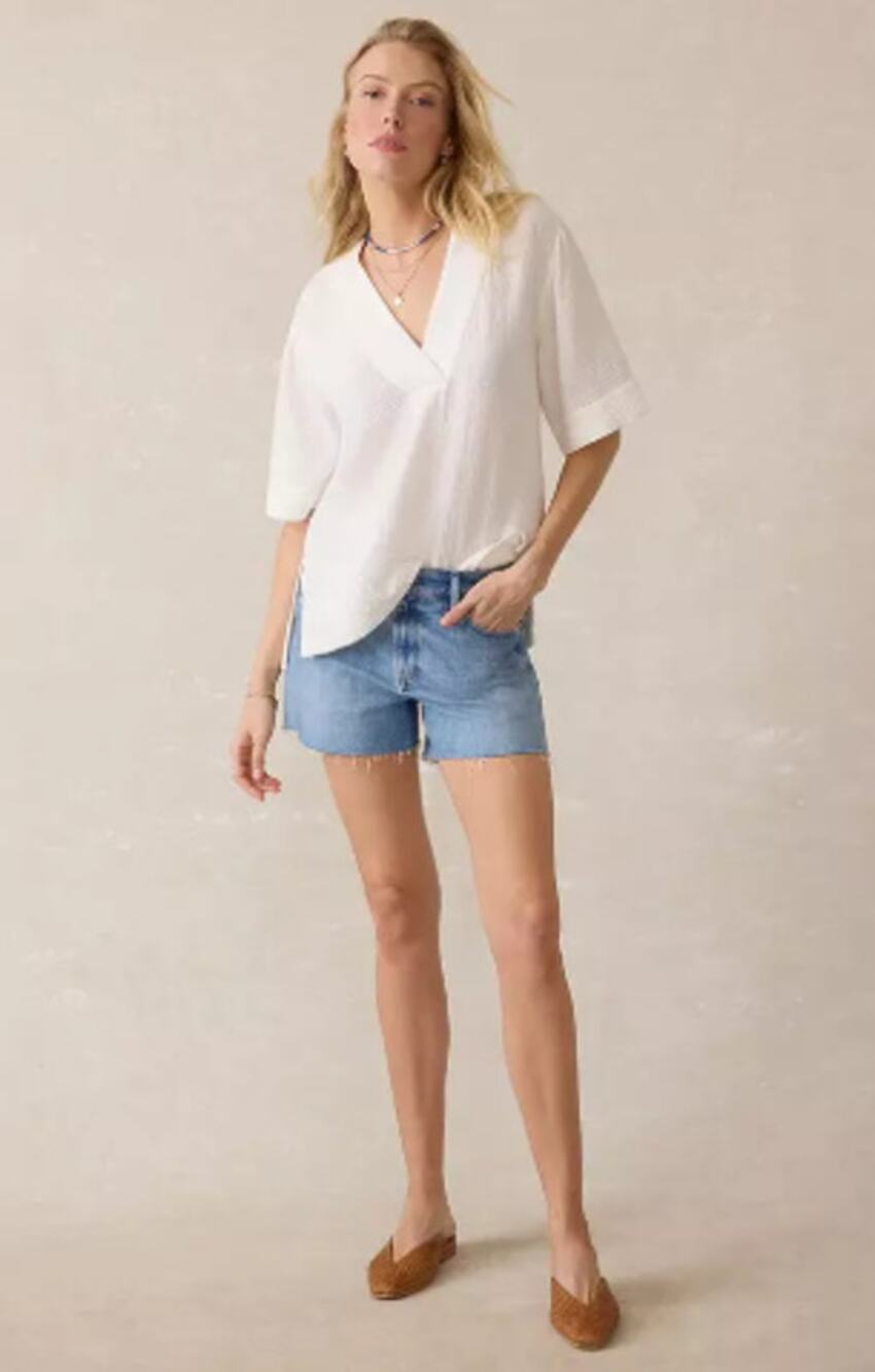 Faherty Women's SZ M Dune Cotton Gauze Short Sleeve Popover White